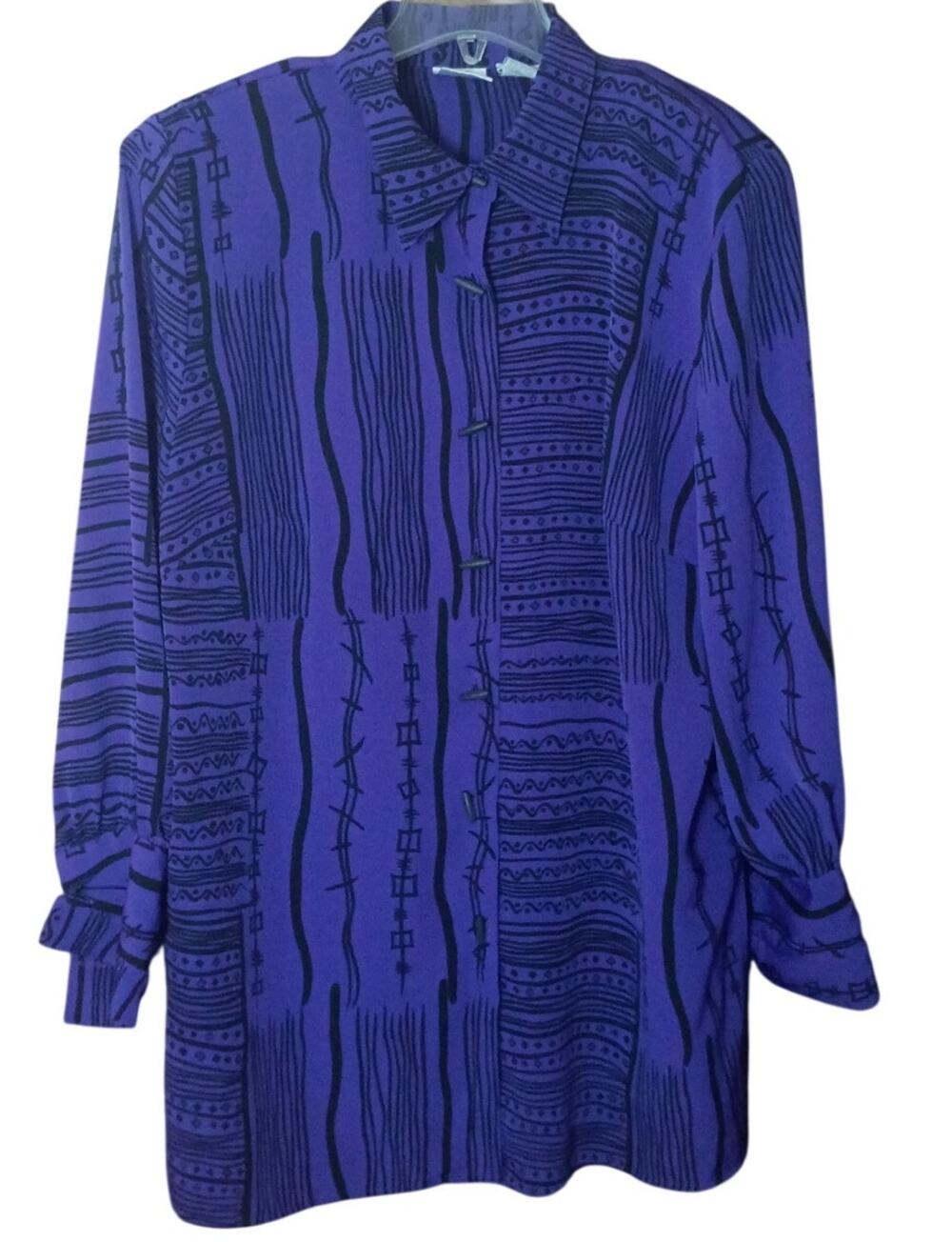 Vintage Jaclyn Smith Women 18W Purple/ Black Multi-pattern French Cuff Blouse